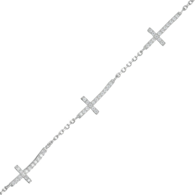 (BR495) Rhodium Plated Sterling Silver Three Horizontal Cross CZ Bracelet