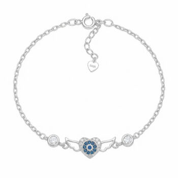 (BR506) Rhodium Plated Sterling Silver Blue Evil Eye Wings CZ Bracelet