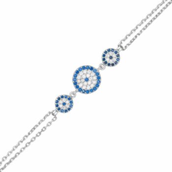 (BR512) Rhodium Plated Sterling Silver Round Three x Blue Evil Eye CZ Bracelet