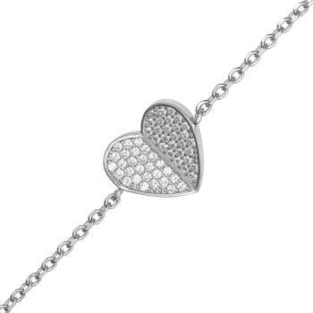 (BR523) Rhodium Plated Sterling Silver Heart CZ Bracelet