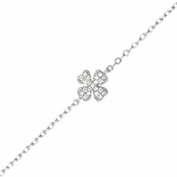 (BR526) Rhodium Plated Sterling Silver Four Leaf Clover CZ Bracelet