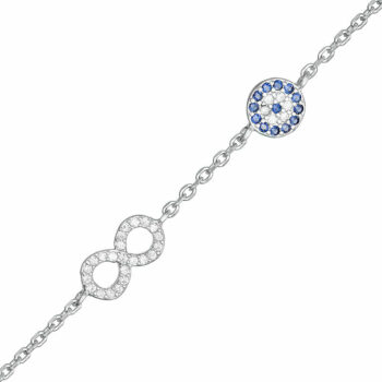 (BR536) Rhodium Plated Sterling Silver Round Blue Evil Eye With Infinity CZ Bracelet