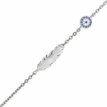 (BR537) Rhodium Plated Sterling Silver Evil Eye With Feather CZ Blue Evil Eye Bracelet
