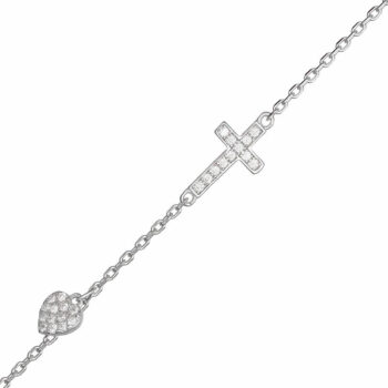 (BR541) Rhodium Plated Sterling Silver Cross With Dangling Heart CZ Bracelet