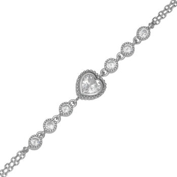 (BR542) Rhodium Plated Sterling Silver Fancy Heart Double Chain CZ Bracelet