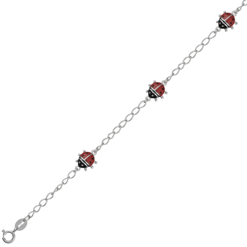 (BR543) Rhodium Plated Sterling Silver 3 Dangling Ladybugs Children's Bracelet