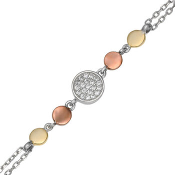 (BR552) Three Tone Rose Yellow Gold and Rhodium Plated Sterling Silver CZ Bracelet