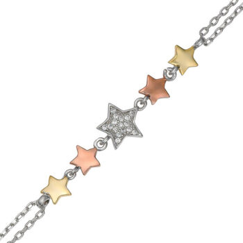 (BR557) Three Tone Rose Yellow Gold and Rhodium Plated Sterling Silver CZ Bracelet with Four Triangles and a Circle
