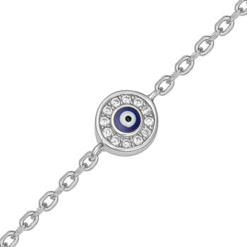 (BR558) Rhodium Plated Sterling Silver Dark Blue Enamel Round Evil Eye CZ Bracelet