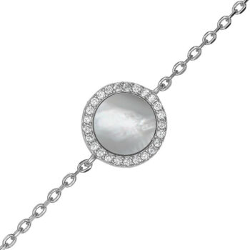 (BR564) Rhodium Plated Sterling Silver Round Mother Of Pearl CZ Bracelet