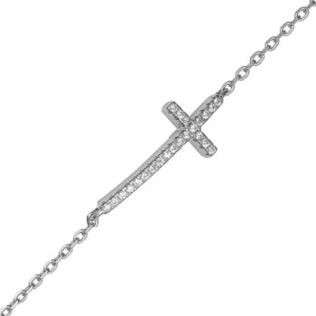 (BR570) Rhodium Plated Sterling Silver Cross CZ Bracelet