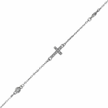 (BR579) Rhodium Plated Sterling Silver CZ Cross Bracelet