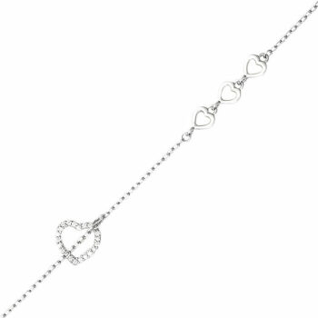 (BR582) Rhodium Plated Sterling Silver Three Plain Hearts In A Row And A CZ Dangling Heart Bracelet