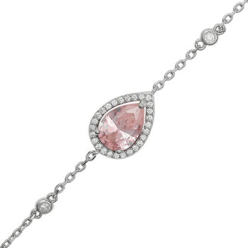 (BR585) Rhodium Plated Sterling Silver Pink Teardrop & Clear CZ Bracelet
