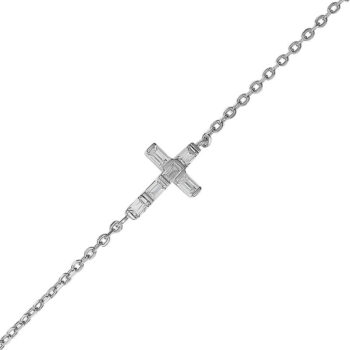 (BR588) Rhodium Plated Sterling Silver Baguette CZ Cross Bracelet