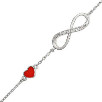 (BR589) Rhodium Plated Sterling Silver Infinity With Red Heart Bracelet