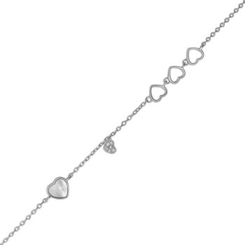 (BR592) Rhodium Plated Sterling Silver Mother Of Pearl And CZ Hearts Bracelet