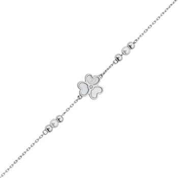 (BR616) Rhodium Plated Sterling Silver Mother Of Pearl Three Leaf Clover Bracelet with Pearls and CZ