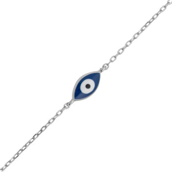 (BR619) Rhodium Plated Sterling Silver Oval Blue Evil Eye Enamel Bracelet