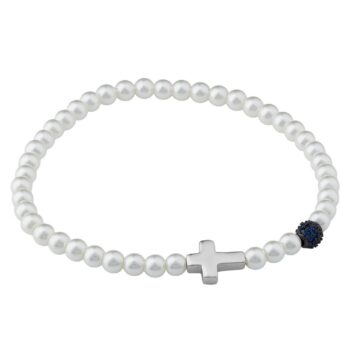 (BR686) Rhodium Plated Sterling Silver Black Pearl Cross Bracelet