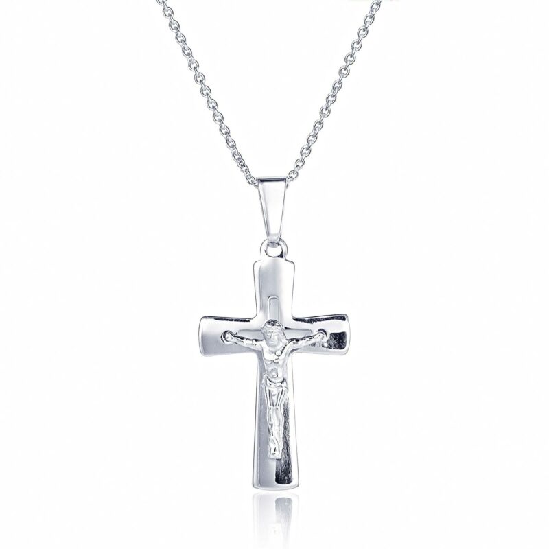 (CR214) Rhodium Plated Sterling Silver Crucifix Cross Pendant - 20x32mm