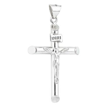 (CR358) Rhodium Plated Sterling Silver Cross Pendant With Crucifix - 26x39mm