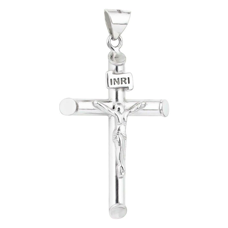 (CR358) Rhodium Plated Sterling Silver Cross Pendant With Crucifix - 26x39mm