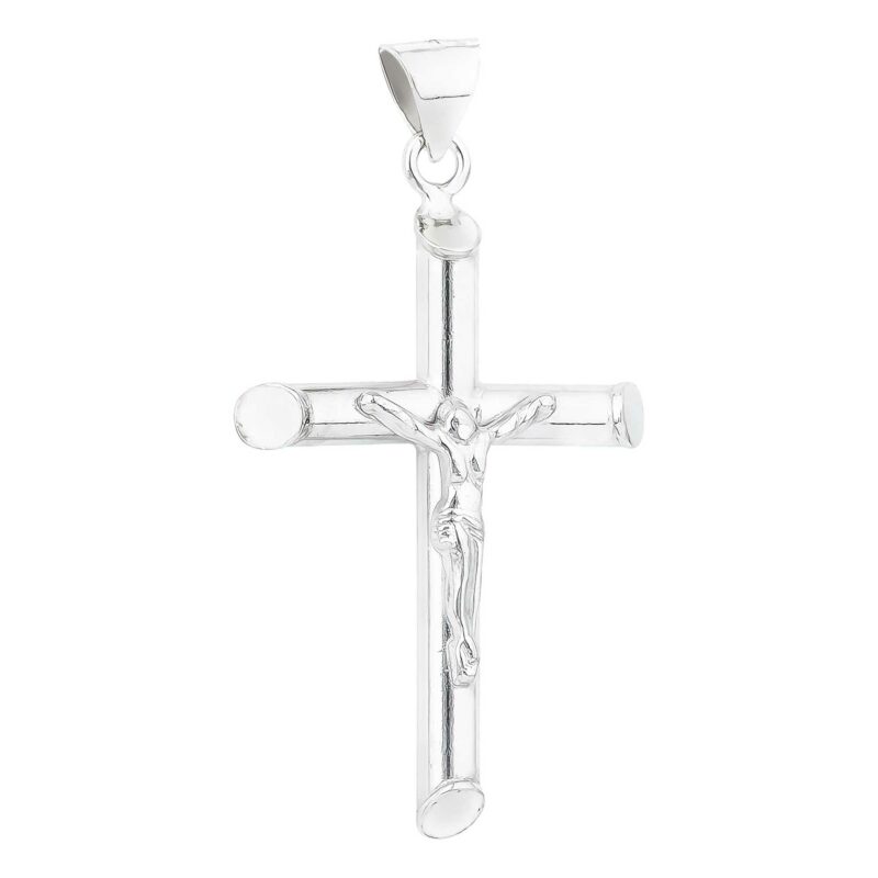 (CR363) Rhodium Plated Sterling Silver Cross Pendant With Crucifix - 26x44mm