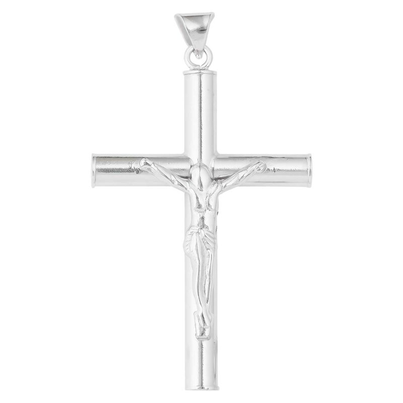 (CR365) Rhodium Plated Sterling Silver Cross Pendant With Crucifix (26x39mm