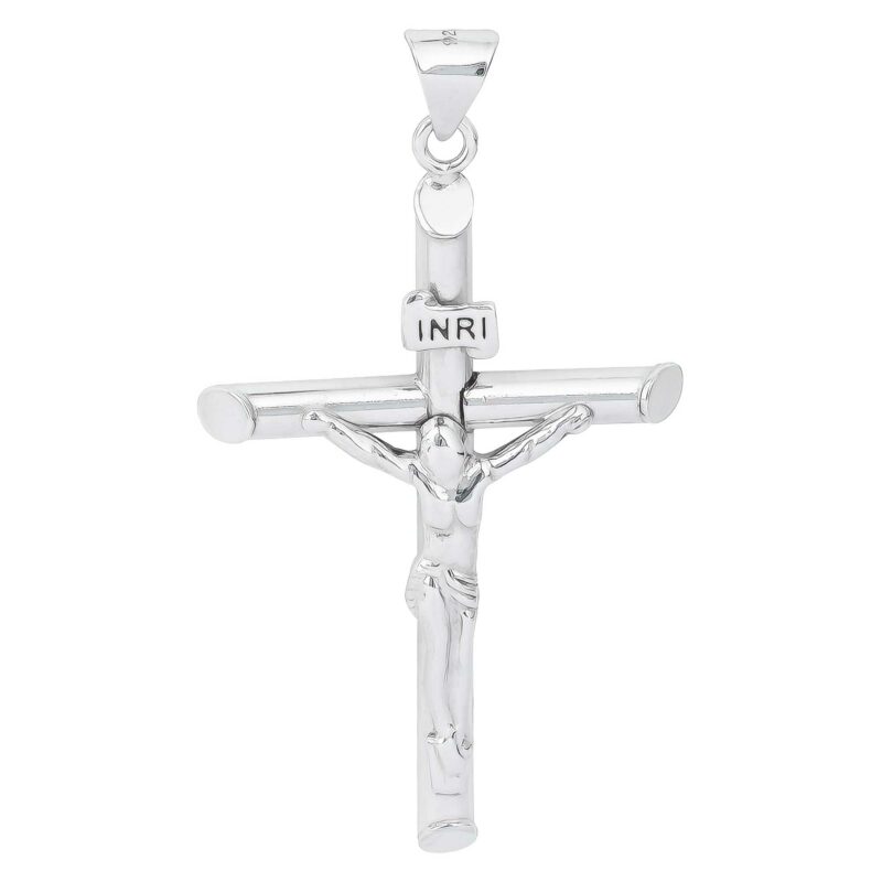 (CR368) Rhodium Plated Sterling Silver Cross Pendant With Crucifix - 26x46mm