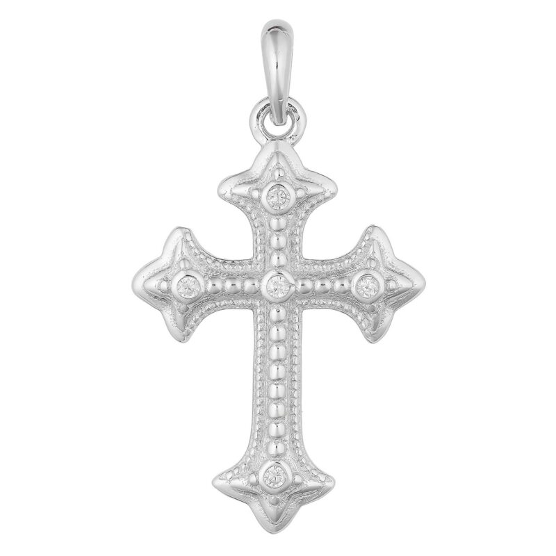 (CR398) Rhodium Plated Sterling Silver CZ Cross