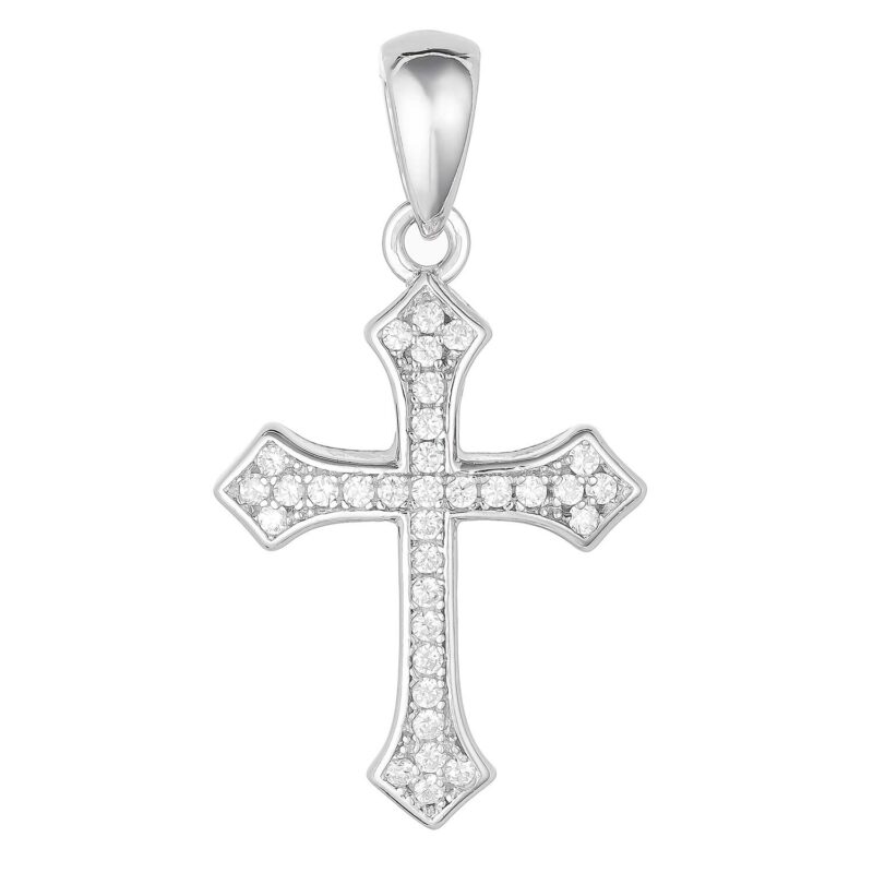 (CR399) Rhodium Plated Sterling Silver CZ Cross