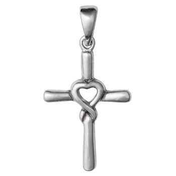 (CR415) Rhodium Plated Sterling Silver Cross With Heart Pendant - 14x19mm