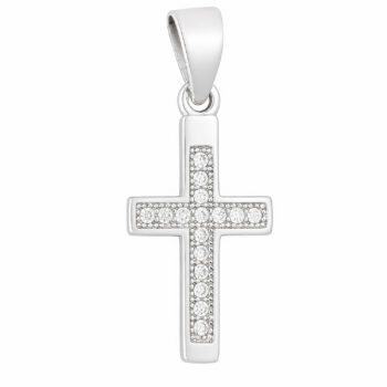 (CR477) Rhodium Plated Sterling Silver CZ Cross Pendant