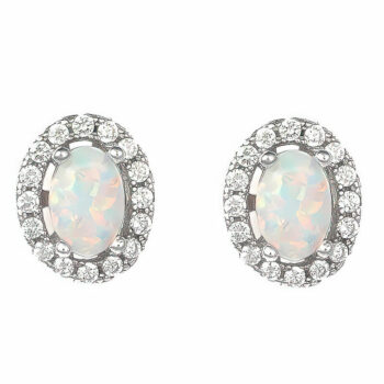 (EMS100W) Rhodium Plated Sterling Silver White Oval Created Opal And CZ Stud Earrings - 8X10mm