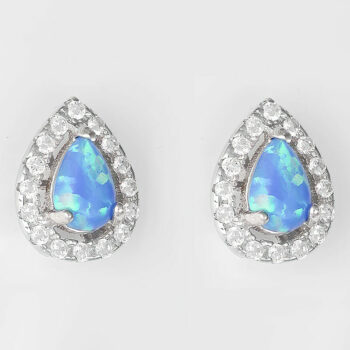 (EMS101B) Rhodium Plated Sterling Silver Blue Pear Created Opal And CZ Stud Earrings - 8X10mm