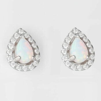 (EMS101W) Rhodium Plated Sterling Silver White Pear Created Opal And CZ Stud Earrings - 8X10mm