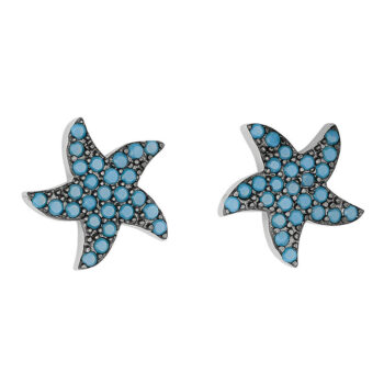 (EMS107) Rhodium Plated Sterling Silver Turquoise Star Fish CZ Stud Earrings
