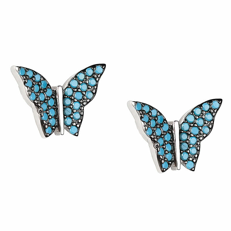 (EMS108) Rhodium Plated Sterling Silver Turquoise Butterfly CZ Stud ...