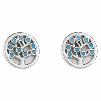 (EMS109) 8.5mm Rhodium Plated Sterling Silver Turquoise Blue Round Tree Of Life Earrings