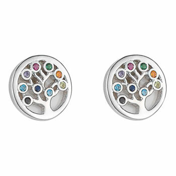 (EMS109MX) 8.5mm Rhodium Plated Sterling Silver Rainbow CZ Tree of Life Earrings