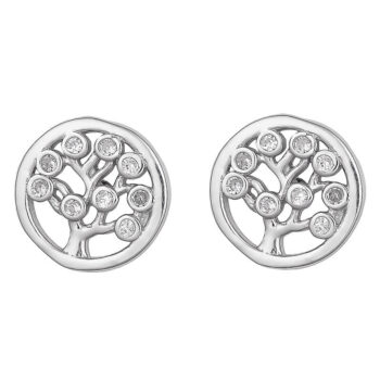 (EMS109W) 8.5mm Rhodium Plated Sterling Silver Tree Of Life CZ Earrings