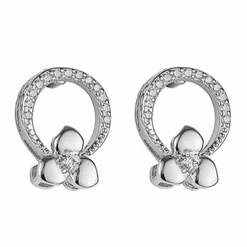 (EMS116) Rhodium Plated Sterling Silver Circle With Flower CZ Earrings