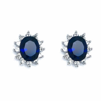 (EMS13B) Rhodium Plated Sterling Silver Blue Stud Earrings