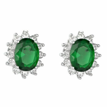 (EMS13G) Rhodium Plated Sterling Silver Green Stud Earrings