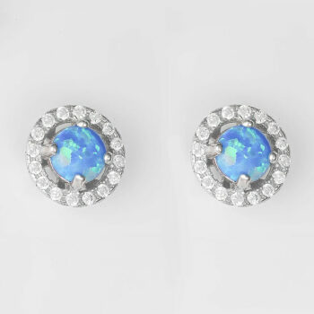 (EMS35) Rhodium Plated Sterling Silver Blue Round Created Opal And CZ Stud Earrings - 9x9mm