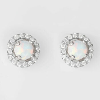 (EMS35W) Rhodium Plated Sterling Silver White Round Created Opal And CZ Stud Earrings - 9x9mm