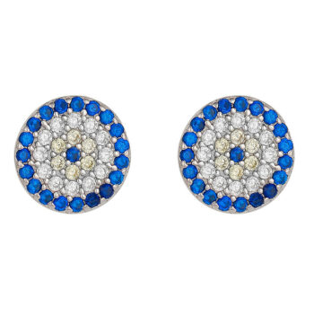 (ER142) 10mm Rhodium Plated Sterling Silver Evil Eye Studs With Yellow, Blue and Clear CZ Stud