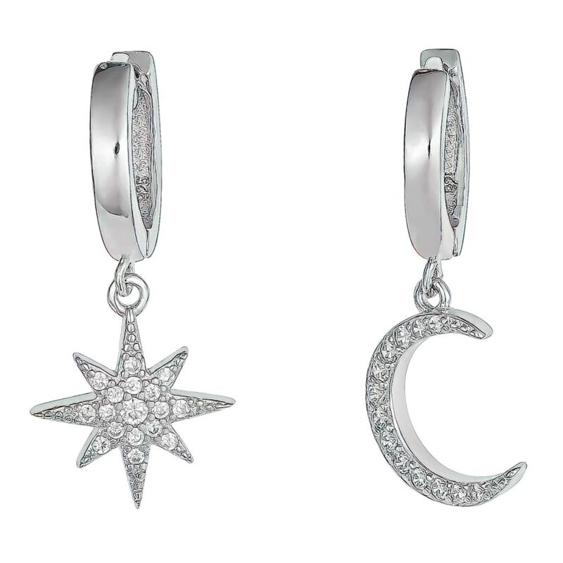 (ER273) Rhodium Plated Sterling Silver Star And Moon CZ Hoop Earrings