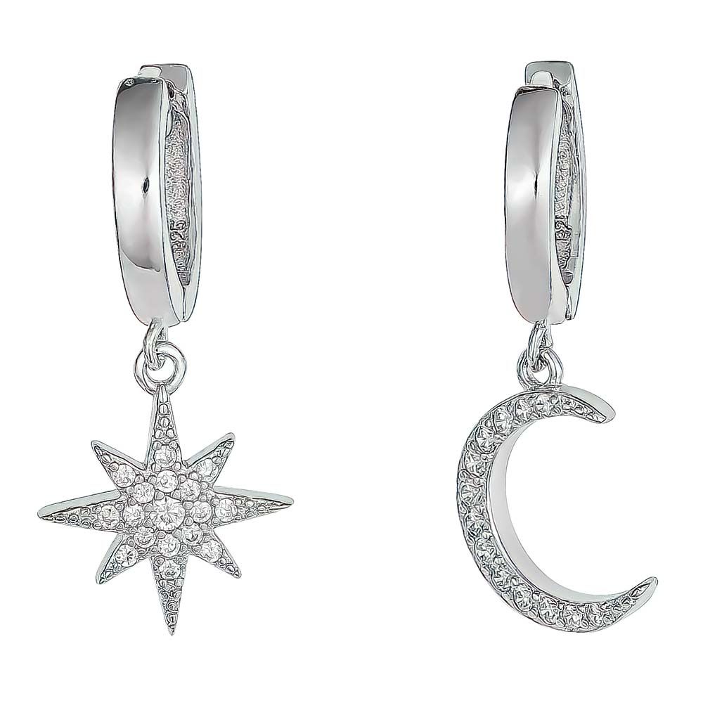 (ER273) Rhodium Plated Sterling Silver Star And Moon CZ Hoop Earrings ...